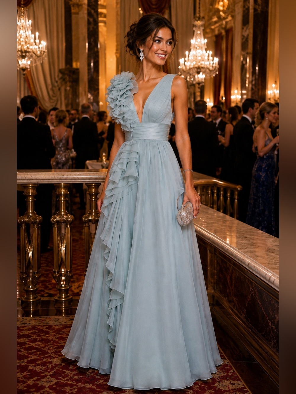 Mac Duggal Chiffon Deep V-Neck Sleeveless Ruffled Shoulder Gown 2